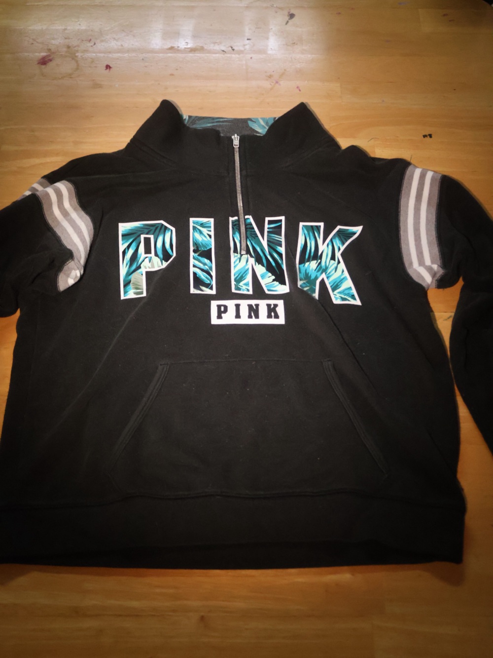 PINK Victoria's Secret Black Half-Zip Sweatshirt with Teal Leaf Logo